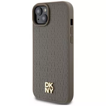DKNY DKHMP15SPSHRPSW iPhone 15 / 14 / 13 6,1 inch Coque rigide Marron effet cuir logo métal MagSafe