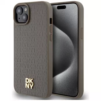 DKNY DKHMP15MPSHRPSW Coque rigide effet cuir avec logo métal MagSafe pour iPhone 15 Plus / 14 Plus 6,7 pouces marron