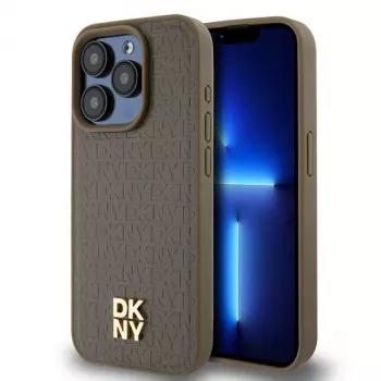 DKNY DKHMP15XPSHRPSW Coque rigide pour Apple iPhone 15 Pro Max 6,7 pouces effet cuir marron avec logo métal MagSafe