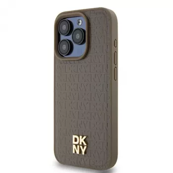 DKNY DKHMP15XPSHRPSW Coque rigide pour Apple iPhone 15 Pro Max 6,7 pouces effet cuir marron avec logo métal MagSafe