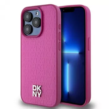 DKNY DKHMP15LPSHRPSP Coque rigide en cuir rose à motif monogramme et logo métal MagSafe pour iPhone 15 Pro 6,1 pouces