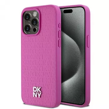 DKNY DKHMP15XPSHRPSP Coque rigide en cuir rose à motif monogramme et logo métal MagSafe pour iPhone 15 Pro Max 6,7 pouces