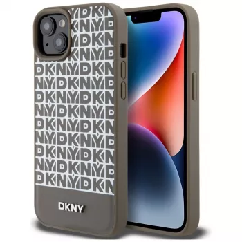 DKNY DKHMP15SPSOSPW Coque rigide en cuir marron à motif imprimé et logo métal MagSafe pour iPhone 15 / 14 / 13 6,1 pouces