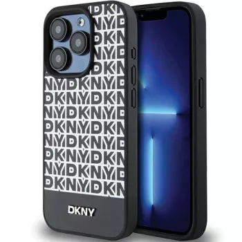 DKNY DKHMP15LPSOSPK Coque rigide en cuir noire à motif imprimé et logo métal MagSafe pour Apple iPhone 15 Pro 6,1 pouces