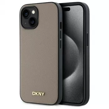 DKNY DKHMP15SPGHLME Coque rigide beige à logo métal grainé MagSafe pour Apple iPhone 15 6,1 pouces
