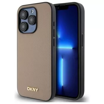 DKNY DKHMP15XPGHLME Coque rigide beige à logo métal grainé MagSafe pour Apple iPhone 15 Pro Max 6,7 pouces