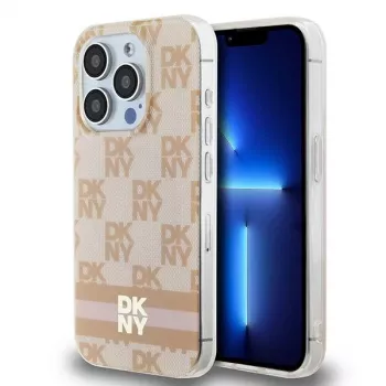 DKNY DKHMP15XHCPTSP Coque rigide rose Checkered Mono Pattern & Printed Stripes MagSafe pour Apple iPhone 15 Pro Max