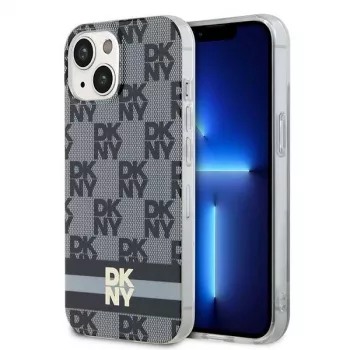 DKNY DKHMP15MHCPTSK Coque rigide noire Checkered Mono Pattern & Printed Stripes MagSafe pour iPhone 15 Plus / 14 Plus 6,7 pouces