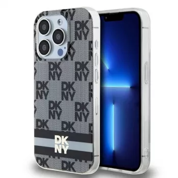 Coque rigide DKNY DKHMP15LHCPTSK pour Apple iPhone 15 Pro 6,1 inch - noire, motif monogramme à carreaux et rayures imprimées avec MagSafe