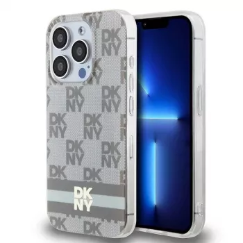 Coque rigide DKNY DKHMP13XHCPTSE pour Apple iPhone 13 Pro Max 6,7 inch, beige, motif monogramme à carreaux et rayures imprimées, compatible MagSafe