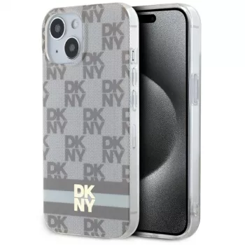 Coque rigide DKNY DKHMP15SHCPTSE pour Apple iPhone 15 / 14 / 13 6,1 inch beige, motif monogramme à carreaux et rayures imprimées MagSafe
