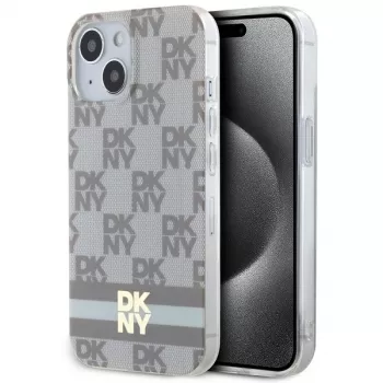 Coque rigide DKNY DKHMP15MHCPTSE pour iPhone 15 Plus / 14 Plus 6,7 inch beige, motif monogramme à carreaux et rayures imprimées MagSafe