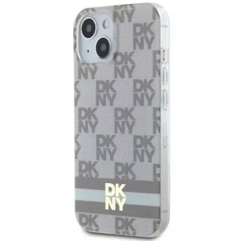 Coque rigide DKNY DKHMP15MHCPTSE pour iPhone 15 Plus / 14 Plus 6,7 inch beige, motif monogramme à carreaux et rayures imprimées MagSafe