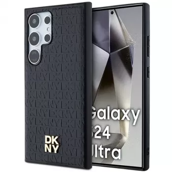 Coque rigide DKNY DKHMS24LPSHRPSK pour Samsung Galaxy S24 Ultra, effet cuir noir avec logo métal, compatible MagSafe