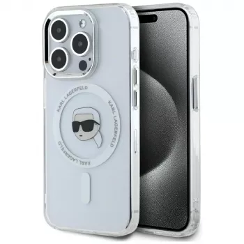 Coque MagSafe KARL LAGERFELD IML Metal Karl Head pour Apple iPhone 15 Pro, blanche