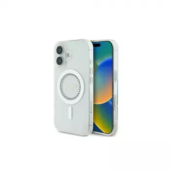 Guess GUHMP16MPFTDTEH Coque rigide IML Rhinestones MagSafe pour Apple iPhone 16 Plus 6,7 pouces blanc