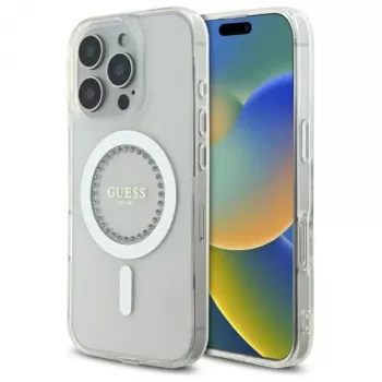 Guess GUHMP16LPFTDTEH Hardcase for Apple iPhone 16 Pro 6.3 inch White IML Rhinestones MagSafe