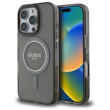 Guess GUHMP16XHFGEREK Coque rigide IML Glitter Circle MagSafe pour iPhone 16 Pro Max 6,9 pouces noir