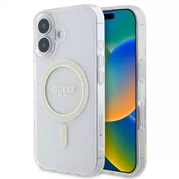 Guess GUHMP16SHFGERET iPhone 16 coque rigide transparente IML Glitter Circle MagSafe