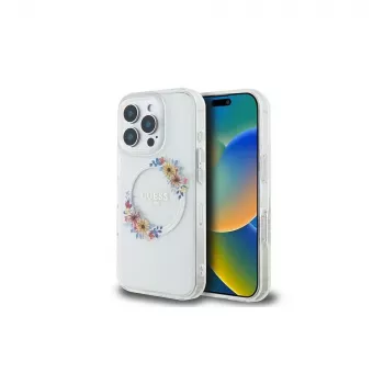 Guess GUHMP16LHFWFCT Coque rigide pour iPhone 16 Pro 6,3 pouces transparente IML Flowers Wreath MagSafe