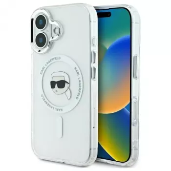 Coque rigide Karl Lagerfeld KLHMP16SHLSKIH IML Metal Karl Head MagSafe pour Apple iPhone 16 6,1 inch, blanche