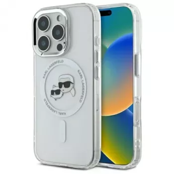 Coque rigide Karl Lagerfeld KLHMP16LHLSKCH IML Metal Karl & Choupette Head MagSafe pour Apple iPhone 16 Pro, blanche