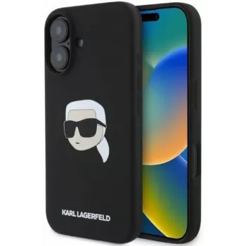 Coque rigide en silicone Karl Lagerfeld KLHMP16SSKHPPLK pour iPhone 16 6,1 inch noire avec Karl Head Print et MagSafe