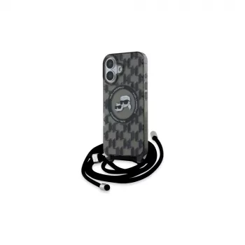 Coque rigide Karl Lagerfeld KLHMP16SHCKCKLCK iPhone 16 6,1 noire IML bandoulière Monogram Karl & Choupette Head MagSafe