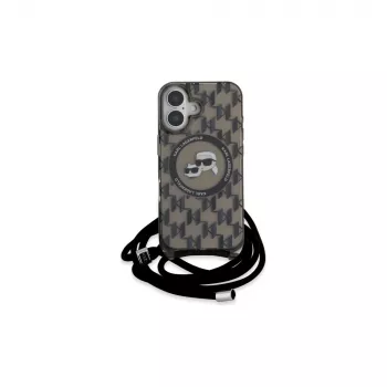 Coque rigide Karl Lagerfeld KLHMP16SHCKCKLCK iPhone 16 6,1 noire IML bandoulière Monogram Karl & Choupette Head MagSafe