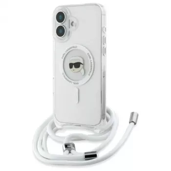 Coque rigide transparente Karl Lagerfeld KLHMP16SHCKHNT iPhone 16 bandoulière IML Karl Head MagSafe