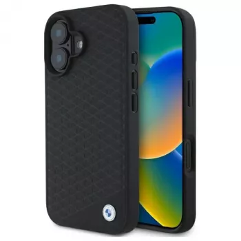 Coque rigide BMW BMHMP16S23RDDK iPhone 16 6,1 pouces noire Sign Leather Diamond Metal Logo MagSafe