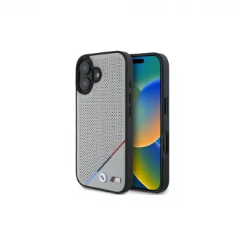 BMW coque rigide MagSafe M Perforated Tricolor Line pour Apple iPhone 16 6,1 pouces - grise