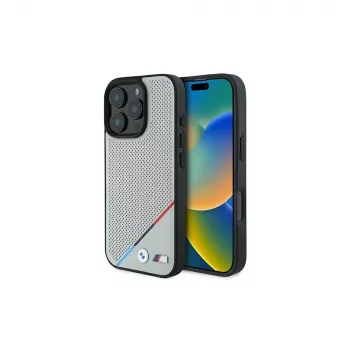 BMW coque rigide M Perforated Tricolor Line pour Apple iPhone 16 Pro 6,3 pouces grise MagSafe