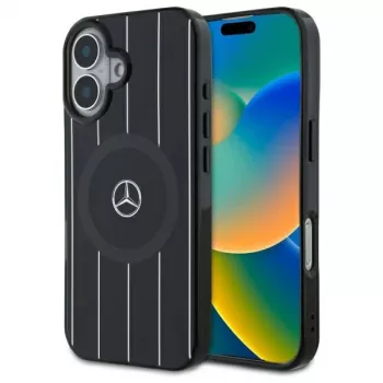 Coque rigide Mercedes-Benz MEHMP16S23HRSK Double Layer Crossed Lines pour iPhone 16 6,1 inch noire MagSafe