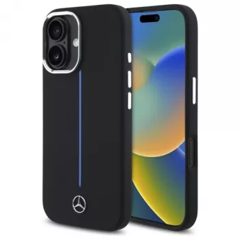 Coque rigide silicone Mercedes-Benz MEHMP16S23SUMBK pour iPhone 16 6,1 inch noire avec bande bleue MagSafe