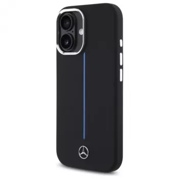 Coque rigide silicone Mercedes-Benz MEHMP16S23SUMBK pour iPhone 16 6,1 inch noire avec bande bleue MagSafe