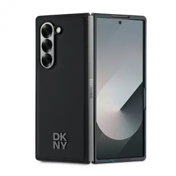 DKNY DKHMZFD6PSMCSLK Z Fold6 F956 Coque arrière noire MagSafe cuir lisse logo métal empilé