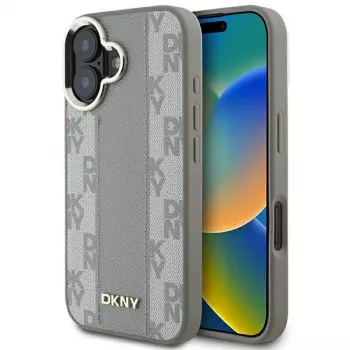 DKNY DKHMP16SPCPVSLE Coque rigide pour Apple iPhone 16, motif à carreaux beige avec MagSafe