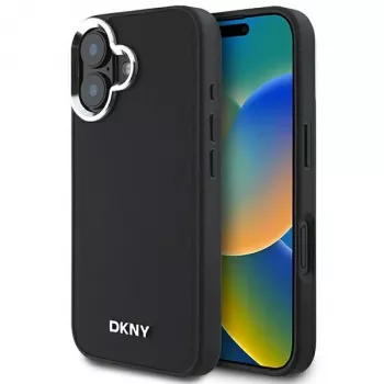 DKNY DKHMP16SPSCMCLK Coque rigide pour Apple iPhone 16 6,1 pouces noire logo argent lisse MagSafe