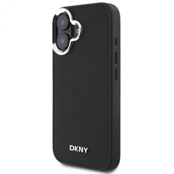 DKNY DKHMP16SPSCMCLK Coque rigide pour Apple iPhone 16 6,1 pouces noire logo argent lisse MagSafe