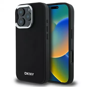 DKNY DKHMP16LPSCMCLK Coque rigide pour iPhone 16 Pro 6,3 pouces noire logo argent lisse MagSafe