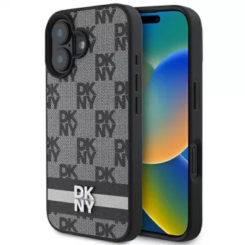 DKNY DKHCP16SPCPTSSK Coque rigide pour Apple iPhone 16 6,1 pouces motif à carreaux & rayures imprimées noire