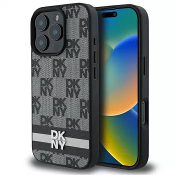 DKNY DKHCP16LPCPTSSK Coque rigide pour Apple iPhone 16 Pro 6,3 pouces noire motif à carreaux & rayures imprimées
