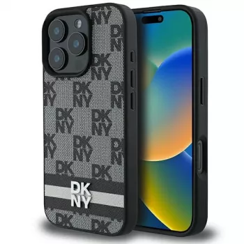 DKNY DKHCP16XPCPTSSK Coque rigide pour iPhone 16 Pro Max 6,9 pouces noire motif à carreaux & rayures imprimées