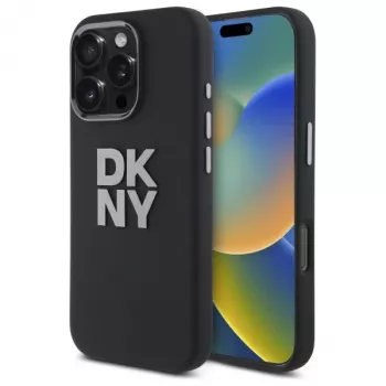 DKNY DKHCP16LSMCBSK Coque rigide silicone liquide logo métal pour Apple iPhone 16 Pro 6,3 pouces noire