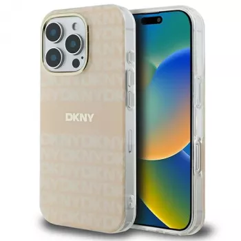 DKNY DKHMP16LHRHSEP Coque rigide pour Apple iPhone 16 Pro 6,3 pouces rose motif texturé répété & rayure MagSafe