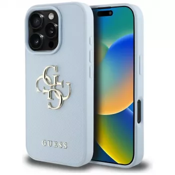 Guess Grained Big 4G Logo Small Classic Logo Case for iPhone 16 Pro (Blue)