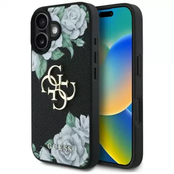 Coque Guess Grained Roses Big 4G Logo pour Apple iPhone 16, noir