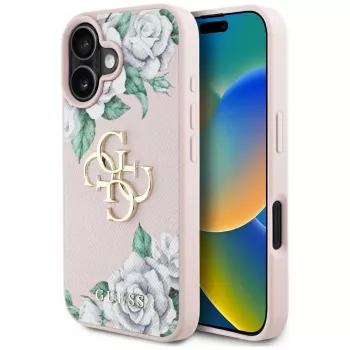 Coque Guess Grained Roses Big 4G Logo pour Apple iPhone 16 - rose