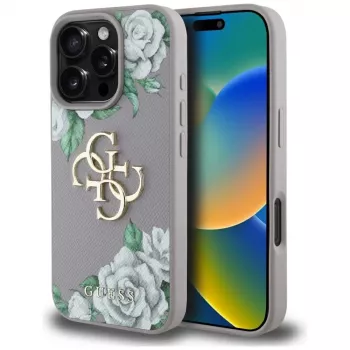 Guess Grained Roses Big 4G Logo Case for Apple iPhone 16 Pro Max - Purple
